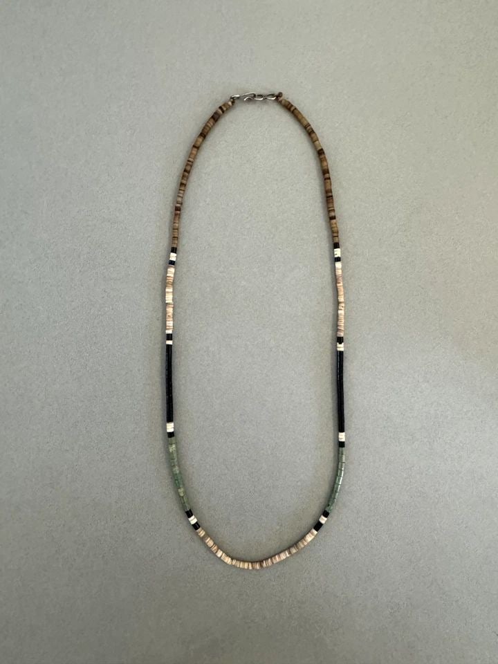 VINTAGE SANTO DOMINGO HEISHI NECKLACE MULTI SHELL AND STONES ..TURQUOISE: 16 1/2 " Long Throughout the 40 years that I have been in business, I have purchased jewelry from pawn shops throughout the Southwest that had collections of dead pawn. Most of these pawn shops and tr