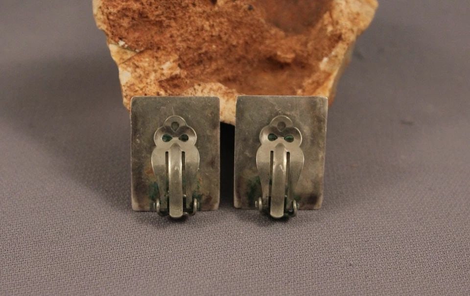 OLD PAWN ZUNI STERLING SILVER AND SHELL INLAY EARRINGS -: OLD PAWN ZUNI STERLING SILVER AND SHELL INLAY EARRINGS - Item Description: 1" length x 3/4" width P