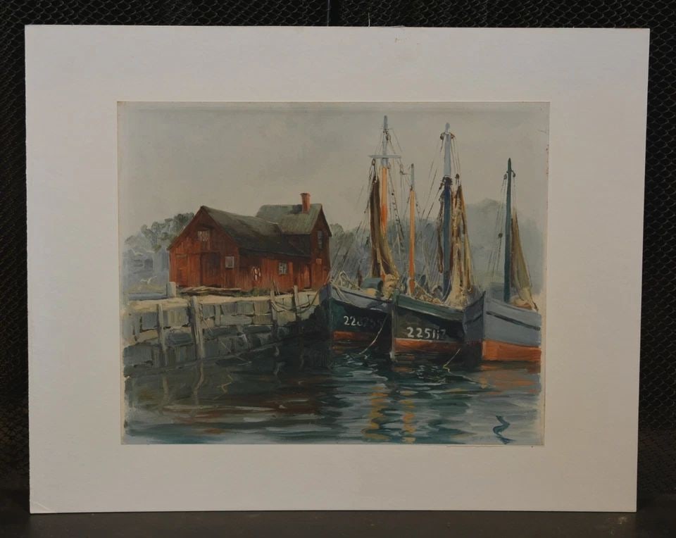 EDWARD P. BUYCK (1888-1960) COLOR PRINT ROCKPORT MASSACHUSETTS WHARF BOATS 1940S (1 of 2)