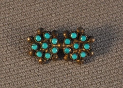 OLD PAWN ZUNI SILVER PIN - DOUBLE CIRCLE OF 16 DELICATE TURQUOISE STONES (1 of 2)