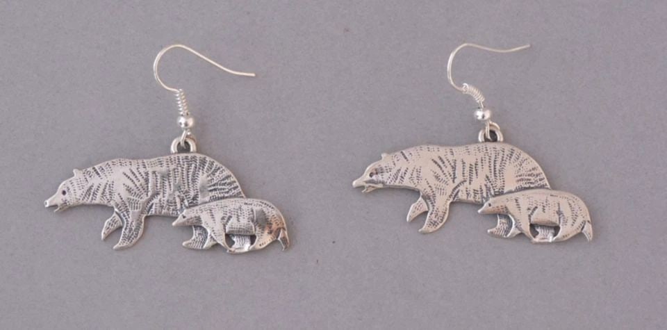 NAVAJO STERLING SILVER DANGLE EARRINGS - MOTHER BEAR AND CUB - 1.5" DROP (1 of 2)