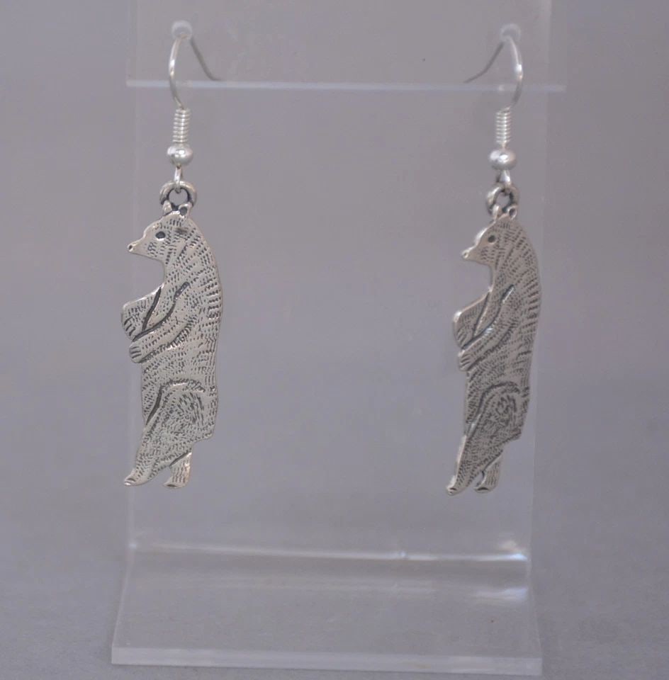 NAVAJO STERLING SILVER DANGLE EARRINGS - STANDING BEAR - 2" DROP - AJM (1 of 2)