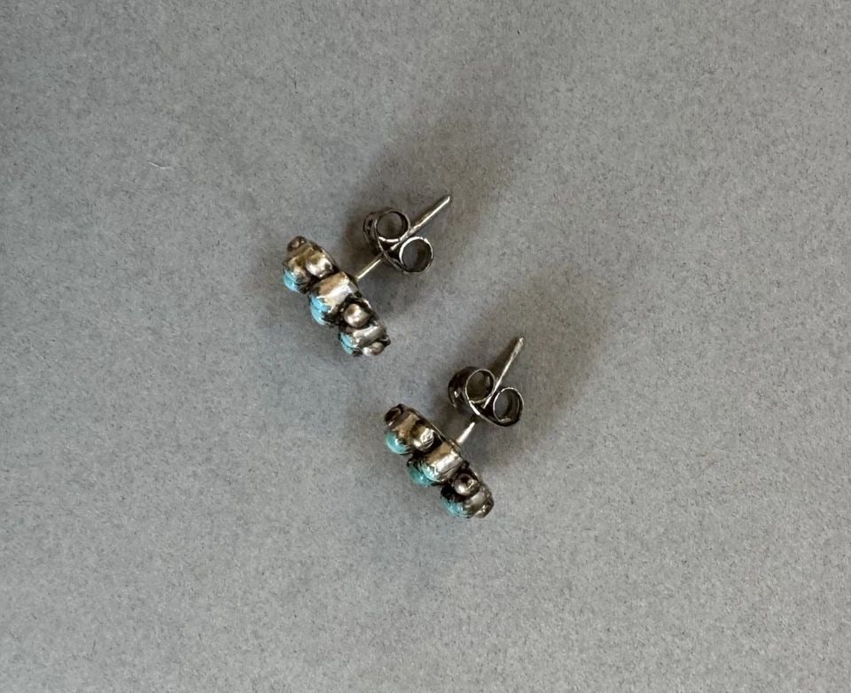 OLD PAWN ZUNI STERLING SILVER AND TURQUOISE EARRINGS: 3/8 " Wide 3 Grams Throughout the 40 years that I have been in business, I have purchased jewelry from pawn shops throughout the Southwest that had collections of dead pawn. Most of these pawn shops a