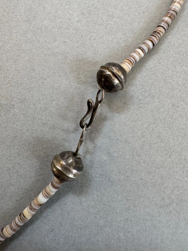 OLD PAWN NAVAJO STERLING SILVER SHELL, TURQUOISE NECKLACE: 18 " Long Throughout the 40 years that I have been in business, I have purchased jewelry from pawn shops throughout the Southwest that had collections of dead pawn. Most of these pawn shops and tradin