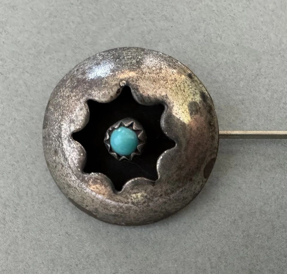 VINTAGE NAVAJO STERLING SILVER AND TURQUOISE SHADOW BOX HAT PIN: 2 7/8 " Tall 3/4 " Wide .. Throughout the 40 years that I have been in business, I have purchased jewelry from pawn shops throughout the Southwest that had collections of dead pawn. Most of these pawn