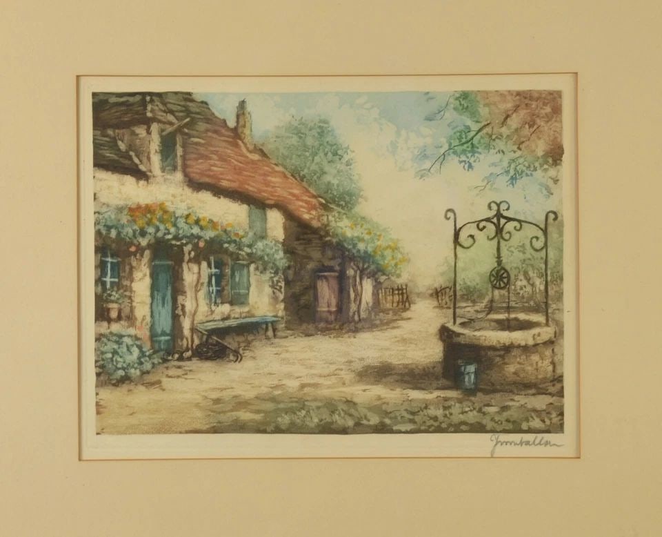 CHARMING OLD EUROPEAN THATCHED ROOF COTTAGE STONE WELL - SIGNED COLORED ETCHING (1 of 2)