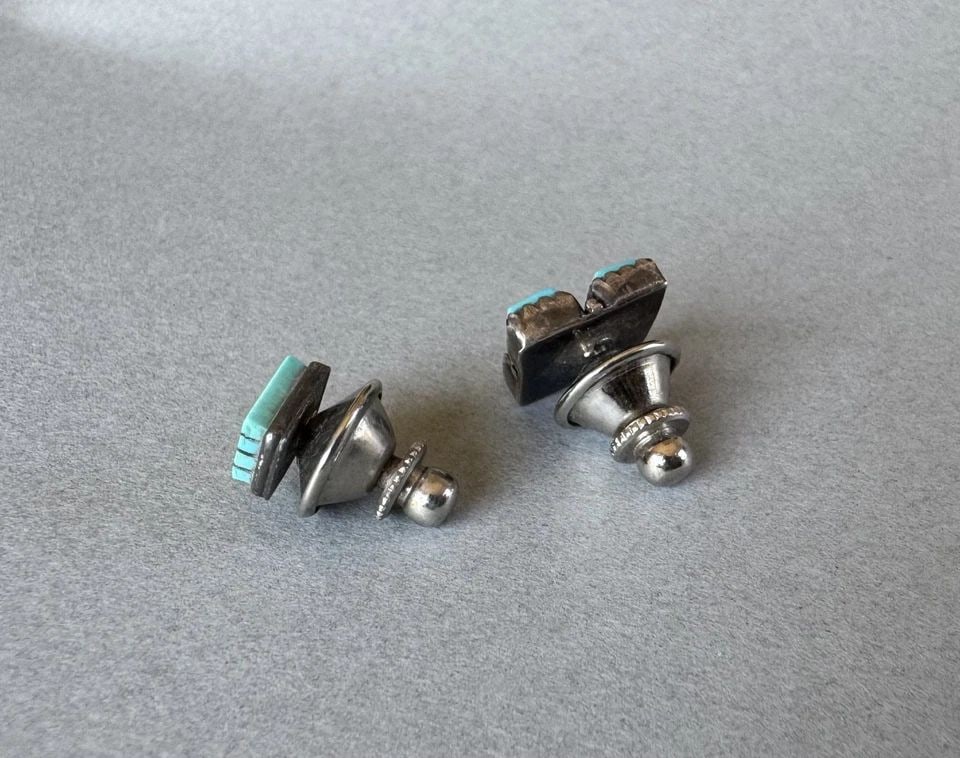 OLD PAWN ZUNI STERLING SILVER AND TURQUOISE TIE PINS CLIPS: 1/4 " to 1/2 " 5 Grams Throughout the 40 years that I have been in business, I have purchased jewelry from pawn shops throughout the Southwest that had collections of dead pawn. Most of these pawn sho