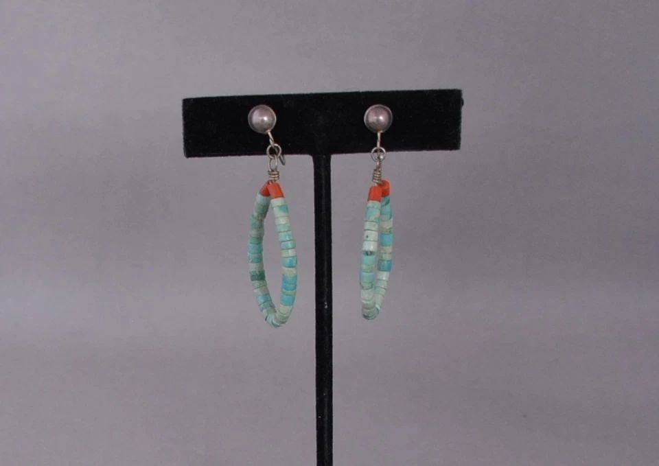VINTAGE NAVAJO TURQUOISE CORAL LOOP SILVER EARRINGS - CLASP BACKS - 2" DROP (1 of 2)