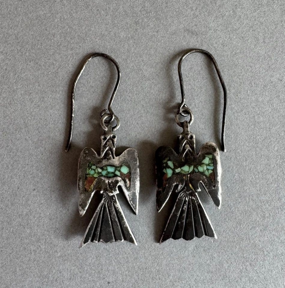 OLD PAWN STERLING SILVER AND TURQUOISE WATER BIRDS EARRINGS 1 3/4 DROP: 1 3/4 " Drop 4.8 Grams Throughout the 40 years that I have been in business, I have purchased jewelry from pawn shops throughout the Southwest that had collections of dead pawn. Most of these pawn sho