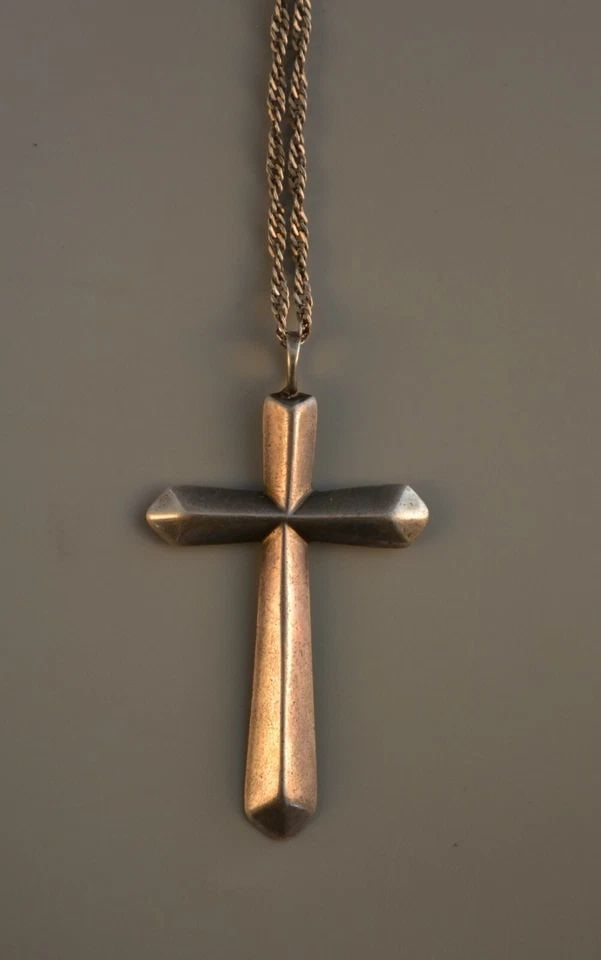 OLD PAWN NAVAJO STERLING CROSS SOUTHWEST PENDANT NECKLACE - 2 1/4" TALL - 20" (1 of 2)