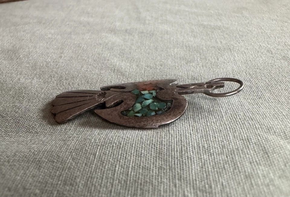 OLD PAWN NAVAJO STERLING SILVER TURQUOISE , CORAL PEYOTE BIRD PENDANT: OLD PAWN NAVAJO STERLING SILVER TURQUOISE , CORAL PEYOTE BIRD PENDANT 1 5/8" Tall 3.8 Grams Throughout the 40 years that I have been in business, I have purchased jewelry from pawn shops throughout th