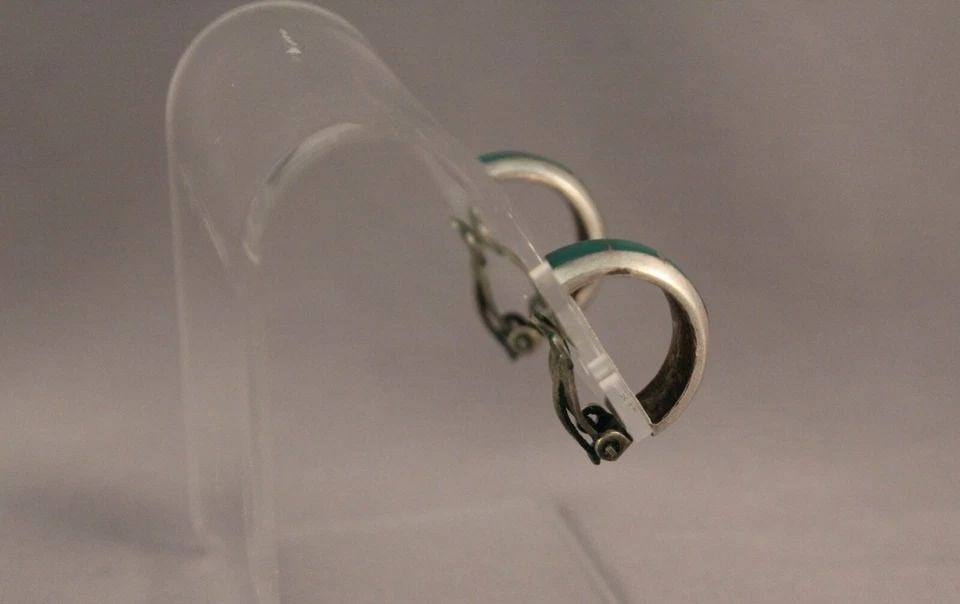 OLD PAWN ZUNI SILVER AND INLAID TURQUOISE EARRINGS: OLD PAWN ZUNI SILVER AND INLAID TURQUOISE EARRINGS Item Description: 1/4” width 3/4” Tall P