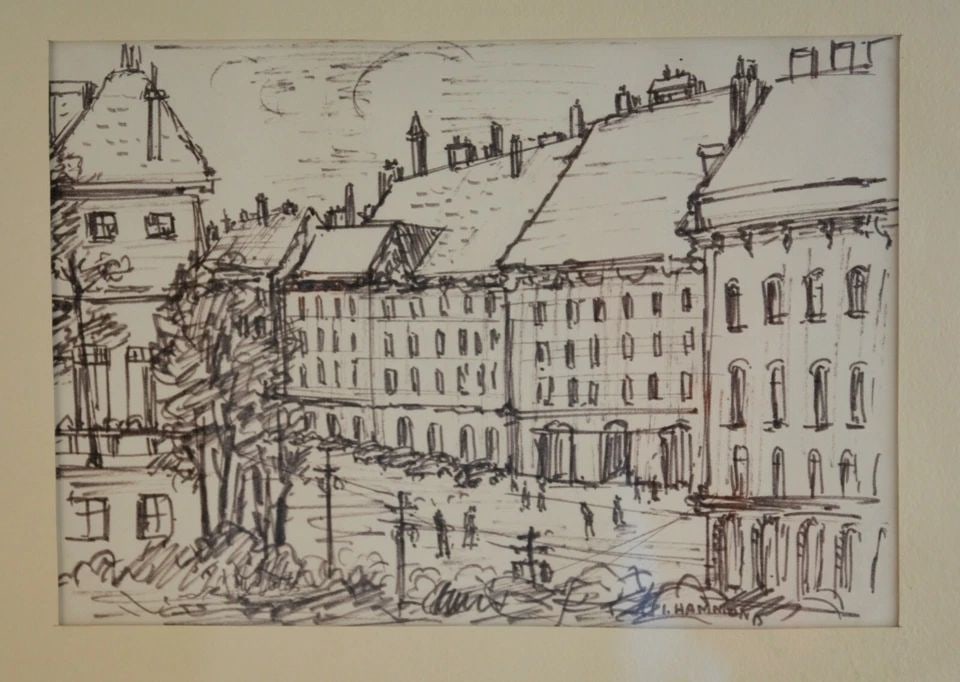 VTG FRAMED PEN & INK DRAWING - FROM HOTEL WINDOW IN VIENNA - I. HAMMOND - 1969 (1 of 2)