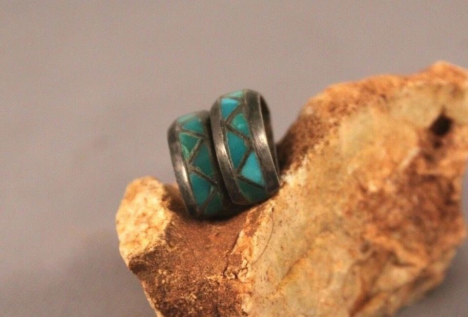 OLD PAWN ZUNI INLAYED TURQUOISE EARRINGS CLAMP ON .. (1 of 2)