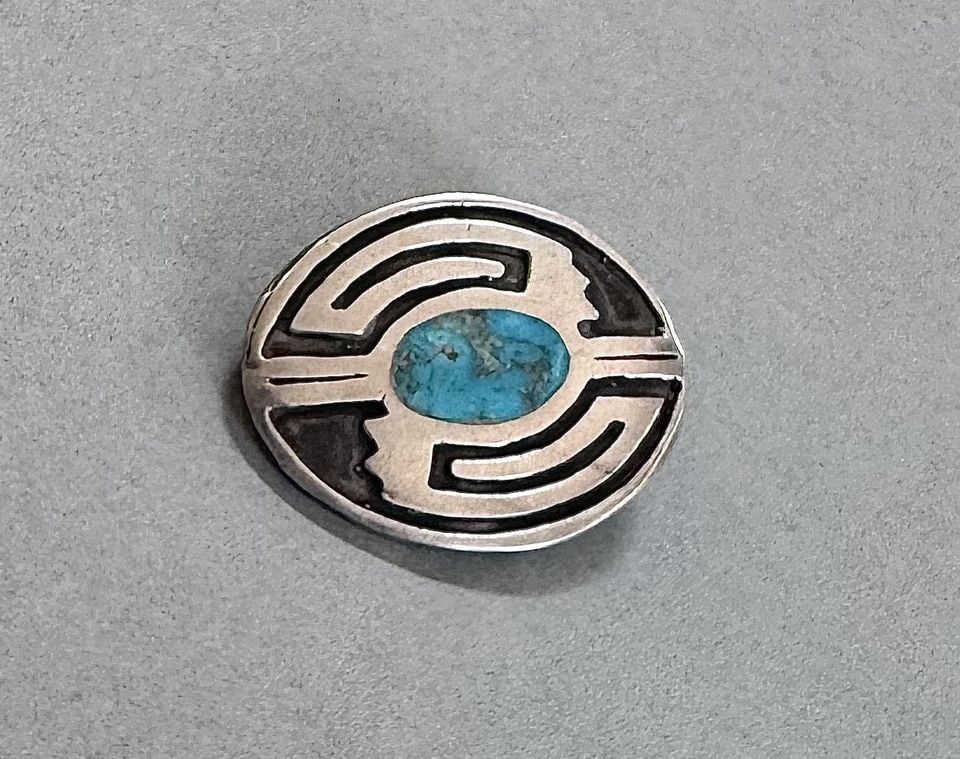 OLD PAWN HOPI STERLING SILVER TURQUOISE PIN: 3/4 " Tall x 1" Wide .. 7.25 Grams Throughout the 40 years that I have been in business, I have purchased jewelry from pawn shops throughout the Southwest that had collections of dead pawn. Most of th