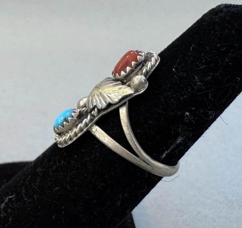 VINTAGE NAVAJO STERLING SILVER TURQUOISE , CORAL RING SIZE 5 1/2: 7/8 " Tall 3 Grams Throughout the 40 years that I have been in business, I have purchased jewelry from pawn shops throughout the Southwest that had collections of dead pawn. Most of these pawn shops a