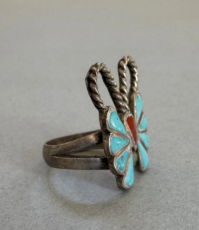 VINTAGE ZUNI STERLING SILVER TURQUOISE BUTTERFLY RING SIZE 5: 7/8 " Tall 4.4 Grams Throughout the 40 years that I have been in business, I have purchased jewelry from pawn shops throughout the Southwest that had collections of dead pawn. Most of these pawn shops