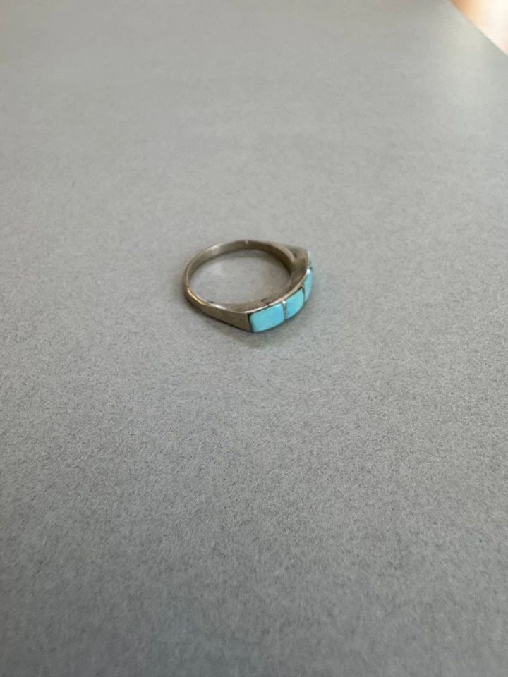 VINTAGE ZUNI STERLING SILVER TURQUOISE RING SIZE 5 1/4: 1/8 " wide 1.5 Grams Throughout the 40 years that I have been in business, I have purchased jewelry from pawn shops throughout the Southwest that had collections of dead pawn. Most of these pawn shops