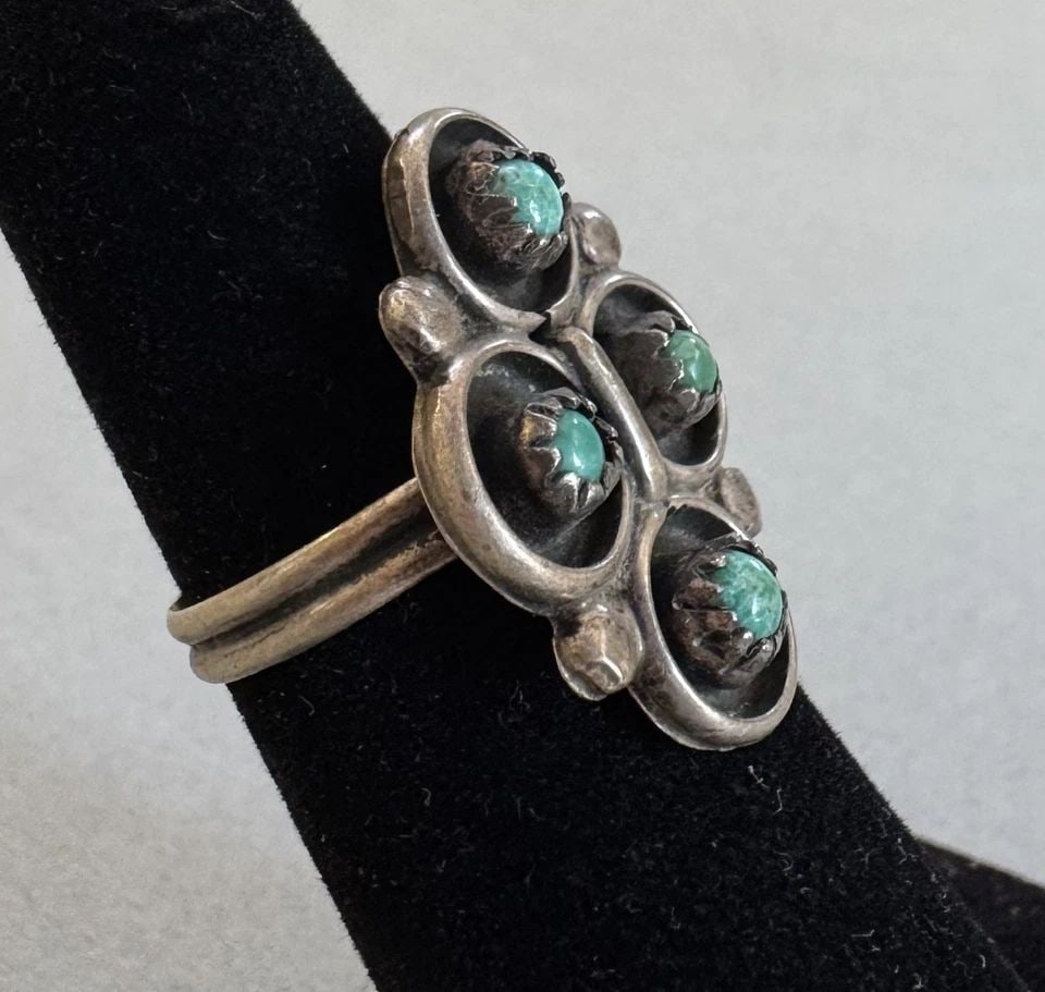 OLD PAWN ZUNI STERLING SILVER TURQUOISE RING SIZE 4 3/4: 7/8 " tall 4 Grams Throughout the 40 years that I have been in business, I have purchased jewelry from pawn shops throughout the Southwest that had collections of dead pawn. Most of these pawn shops a