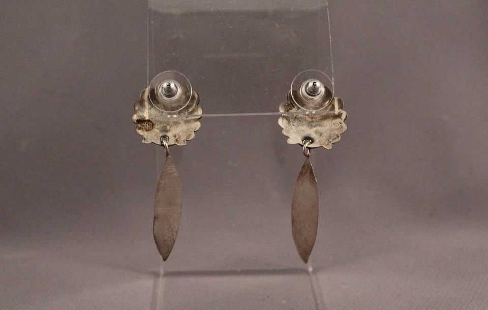 VINTAGE NAVAJO SILVER SUN FACE TURQUOISE FEATHER EARRINGS - (1 of 2)