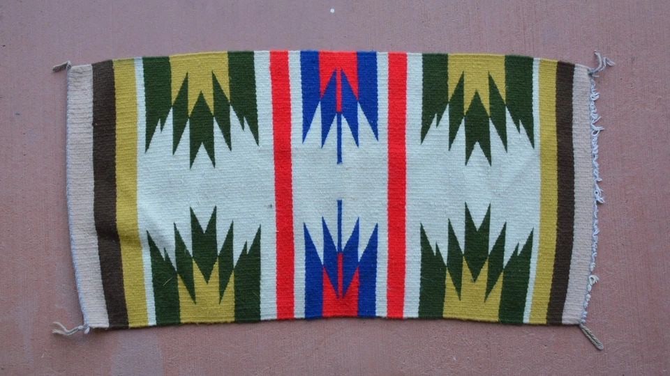 VINTAGE NAVAJO RUG - VIBRANT RED, BLUE, TAN, WHITE - 35.5" X 18" (1 of 2)