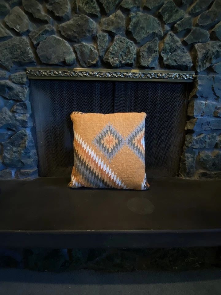 LARGE WOVEN WOOL BLANKET PILLOW - 21" SQUARE - SOFT SOUTHWEST COLORS & DESIGN: This 21" square pillow has a handwoven wool cover with 100% cotton cream white back with zipper. It is in great condition.