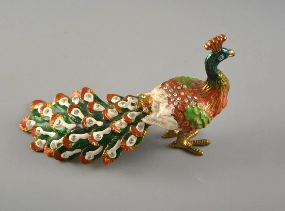 MINIATURE PEACOCK TRINKET BOX - HAND PAINTED ENAMEL - SWAROWSKI CRYSTALS - CIEL (1 of 2)