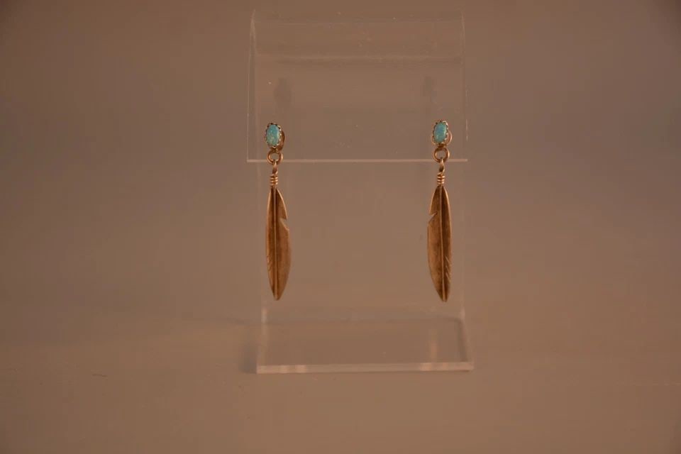 VINTAGE NAVAJO INDIAN STERLING SILVER FEATHER EARRINGS - BLUE OPAL - 1 3/4" DROP: VINTAGE NAVAJO INDIAN STERLING SILVER FEATHER EARRINGS - BLUE OPAL - 1 3/4" DROP Item Description: This pair of Navajo sterling silver earrings have been set with blue opal stones and measure 1 3/4" l