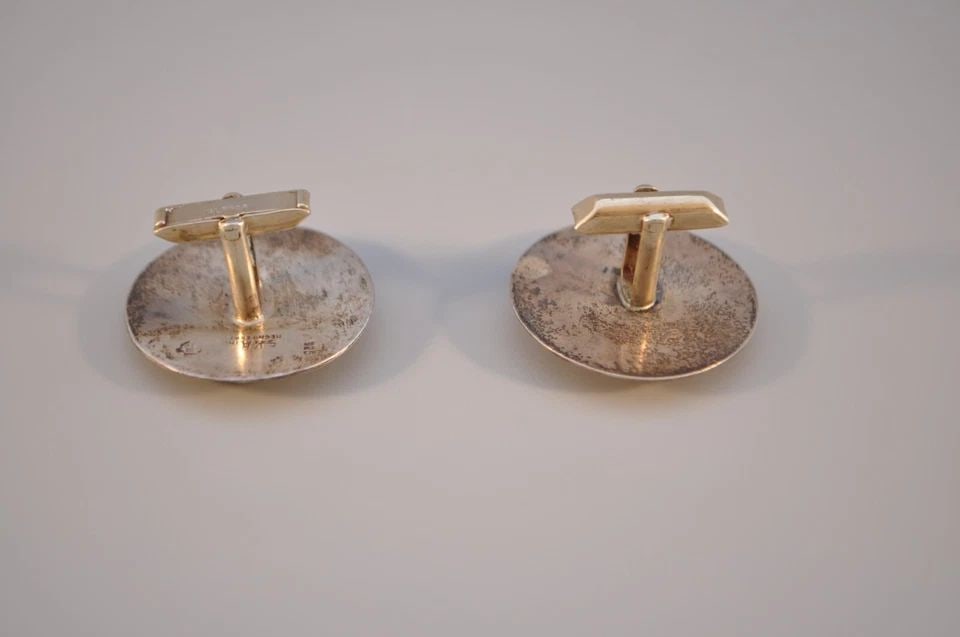 VINTAGE AZTEC FIGURE ROUND STERLING SILVER CUFFLINKS - EVB EAGLE 112 - MEXICO (1 of 2)