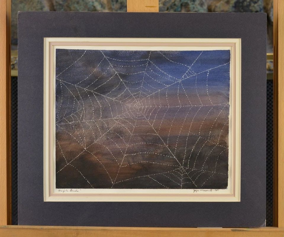 MIXED MEDIA PAINTING - "FRAGILE BEADS" SPIDERWEB - JOYCE MASON - 1987: MIXED MEDIA PAINTING - "FRAGILE BEADS" SPIDERWEB - JOYCE MASON - 1987 Item Description: Raised dots of white paint create an almost 3 dimensional effect of a spiderweb. Matted mixed media painting - S