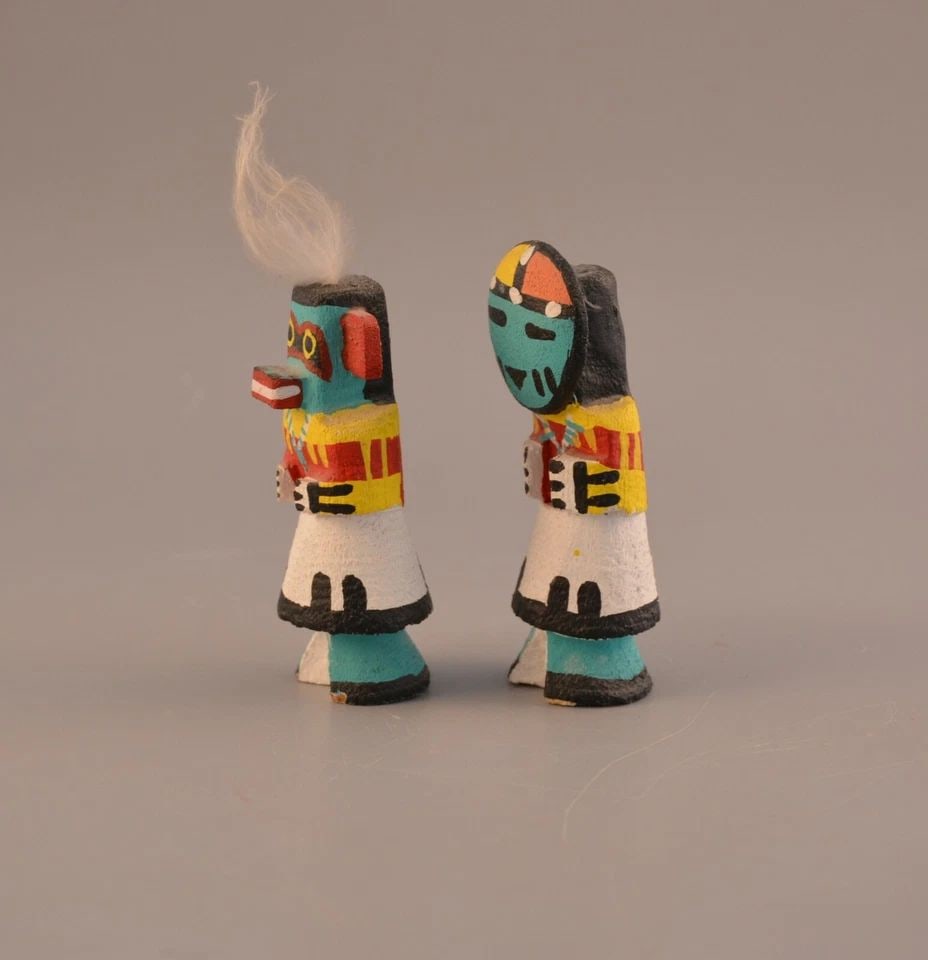 TWO VINTAGE ROUTE 66 HOPI KACHINAS - SUN - WARRIOR - BOTH SIGNED POOLEY - 3.5" (1 of 2)