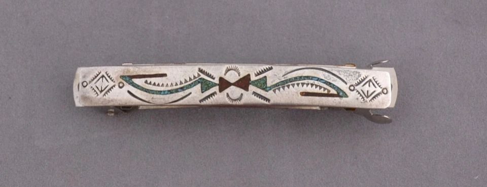 VINTAGE NAVAJO STERLING SILVER BARRETTE - TURQUOISE CORAL CHIP INLAY - 3" LONG: VINTAGE NAVAJO STERLING SILVER BARRETTE - TURQUOISE CORAL CHIP INLAY - 3" LONG Item Description: This vintage Navajo sterling silver barrette face has an attractive hand stamped design with coral and 