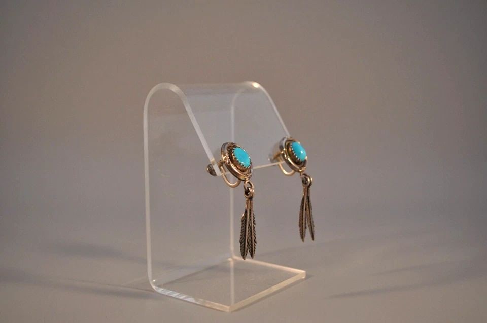 OLD PAWN STERLING SILVER TURQUOISE EARRINGS - FEATHERS -SCREW BACK - 1.75" DROP (1 of 2)