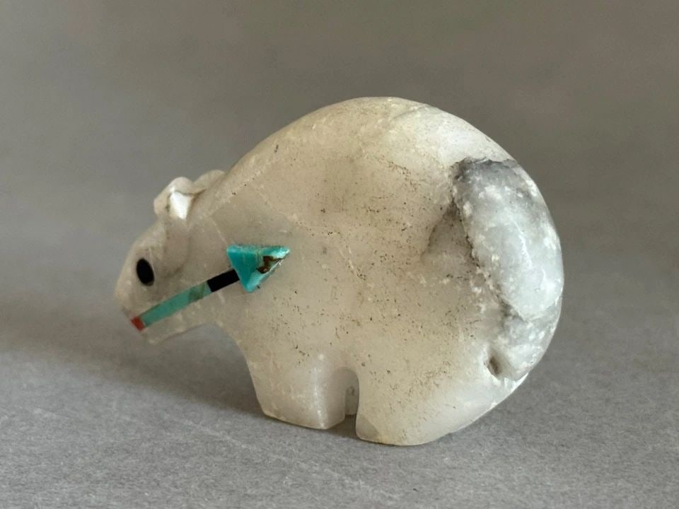 ALABASTER ZUNI BEAR FETISH WITH TURQUOISE JET AND CORAL HEARTLINE (1 of 2)