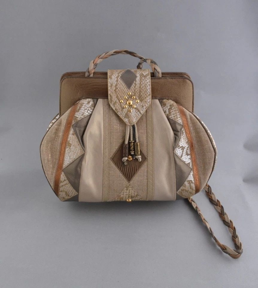 VINTAGE SHARIF HANDBAG PURSE CROSS BODY SHOULDER STRAP - LEATHER FABRIC - GOLD (1 of 2)