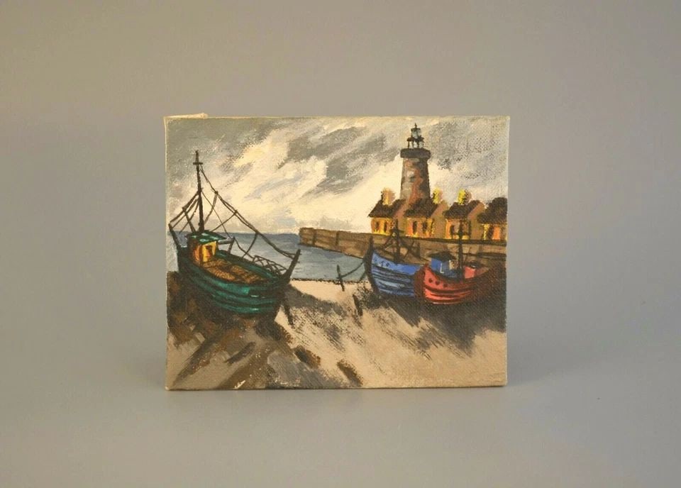 OIL PAINTING - BOATS AT PIER - LIGHTHOUSE - STORMY SKIES - 4" X 5": OIL PAINTING - BOATS AT PIER - LIGHTHOUSE - STORMY SKIES - 4" X 5" Item Description: This miniature oil painting shows boats docked near a pier and a lighthouse under stormy skies. The painting is on 