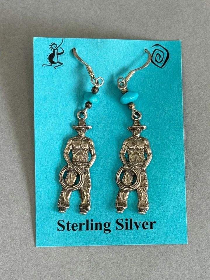 STERLING SILVER COWBOY DANGLE EARRINGS WITH TURQUOISE. 2 3/8: STERLING SILVER COWBOY DANGLE EARRINGS WITH TURQUOISE. 2 3/8” Sterling Silver Cowboy Dangle Earrings with Turquoise. 2 3/8”
