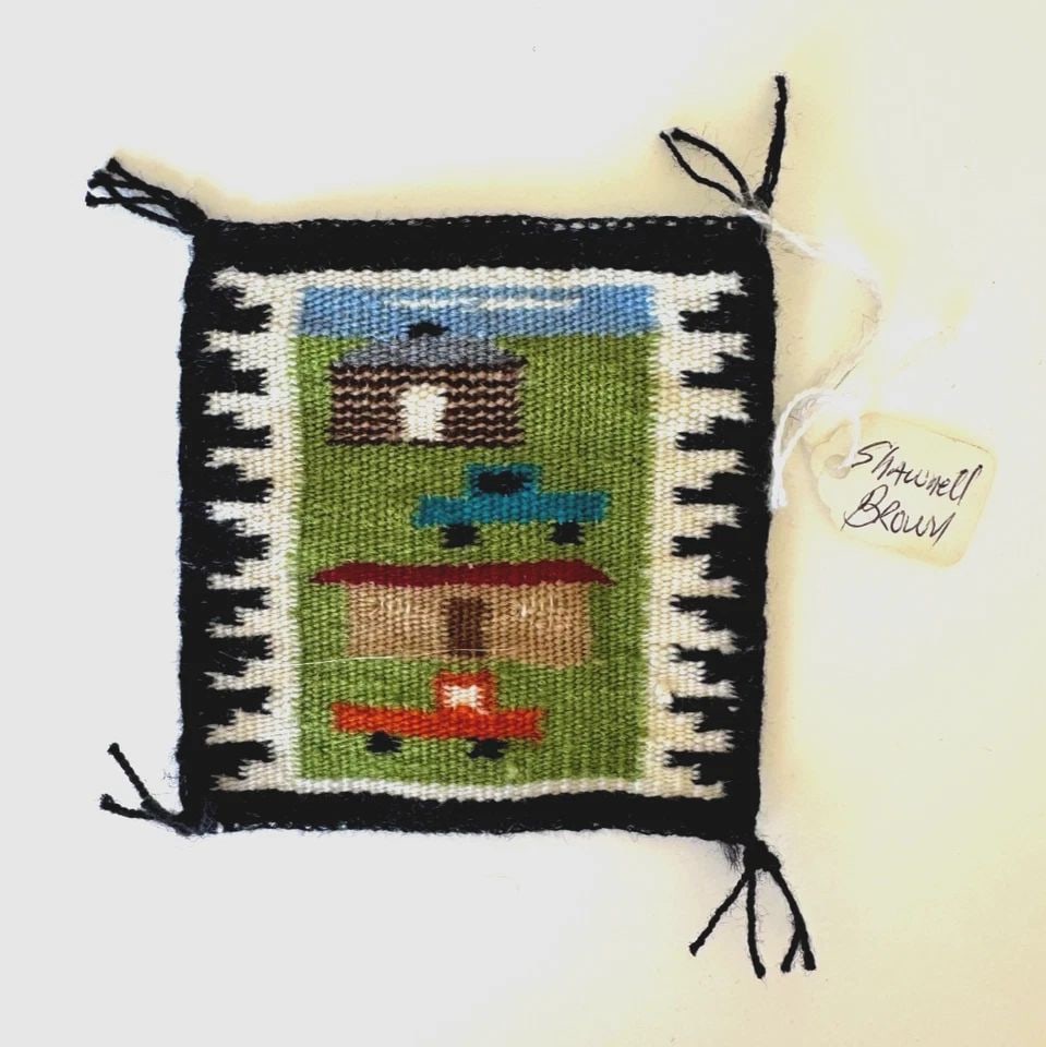 VINTAGE PICTORIAL NAVAJO WEAVING MINIATURE SHAWNELL BROWN: 3 5/8" x 3 5/8 " a few old moth bites .. Navajo rug **Both sides of the rug are shown in the photos.**