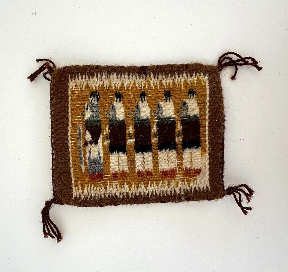 VINTAGE MINIATURE NAVAJO YEI WEAVING 3 1/2 " X 4 1/2 ": 3 1/2 x 4 1/2 " some old moth damage with some holes ..look at pictures .. Navajo rug **Both sides of the rug are shown in the photos.**