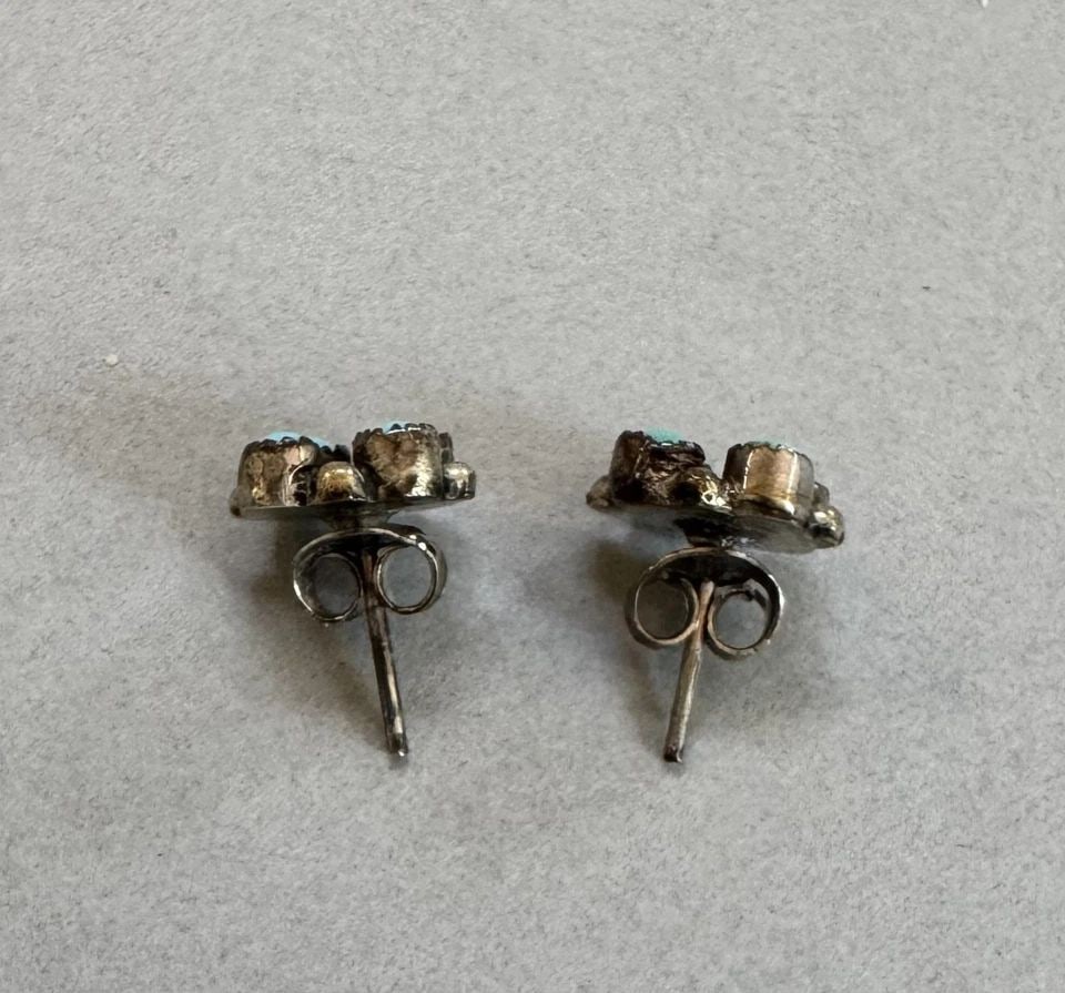 OLD PAWN ZUNI STERLING SILVER AND TURQUOISE EARRINGS: 3/8 " Wide 2 Grams Throughout the 40 years that I have been in business, I have purchased jewelry from pawn shops throughout the Southwest that had collections of dead pawn. Most of these pawn shops a