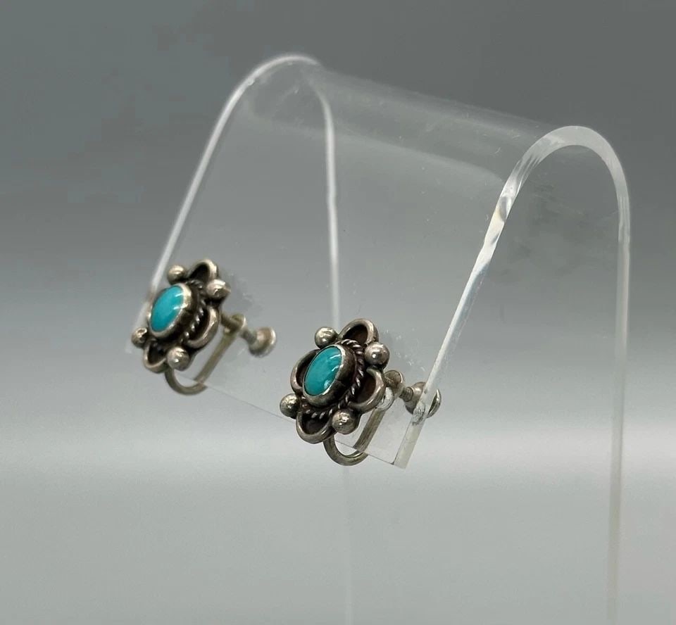 OLD PAWN STERLING SILVER AND TURQUOISE NAVAJO EARRINGS: Item Description: 5/8 " Tall