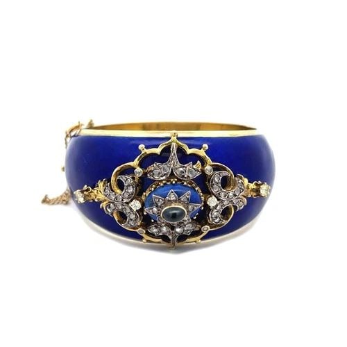 VICTORIAN DIAMOND SAPPHIRE BRACELET ENAMEL 14K YELLOW GOLD DOME BANGLE: VICTORIAN DIAMOND SAPPHIRE BRACELET ENAMEL 14K YELLOW GOLD DOME BANGLE This eye-catching wide dome bracelet is from the Victoria era, it is crafted from 18k yellow gold with blue enamel layer and yell