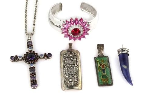 VINTAGE 5 PIECES GEMS STERLING SILVER BRACELET CHAIN & PENDANTS LIQUIDATION! (1 of 2)