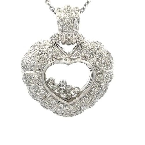 DIAMOND HEART 18K GOLD PENDANT FLOATING 14K WHITE GOLD CHAIN: DIAMOND HEART 18K GOLD PENDANT FLOATING 14K WHITE GOLD CHAIN This is a gorgeous large pendant with chain, crafted from 18k white gold with a polished finish. The pendant features a puffed style heart 