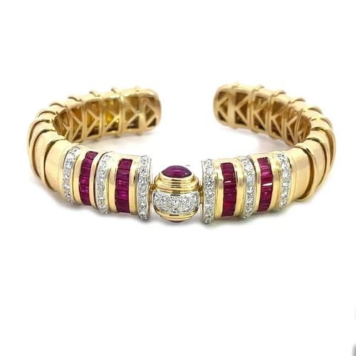 RUBY GOLD CUFF BRACELET DIAMOND 18K YELLOW WIDE FLEX BAND (1 of 2)