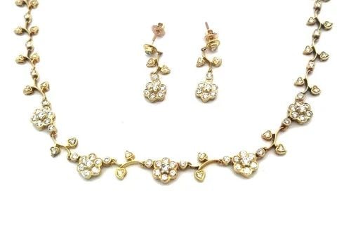 DIAMOND GOLD NECKLACE EARRINGS SET 18K YELLOW FLORAL COLLAR & DANGLE STYLE: DIAMOND GOLD NECKLACE EARRINGS SET 18K YELLOW FLORAL COLLAR & DANGLE STYLE The charming necklace and earring set made from 18k yellow gold with 14k gold butterfly backs for the earrings. The necklace 