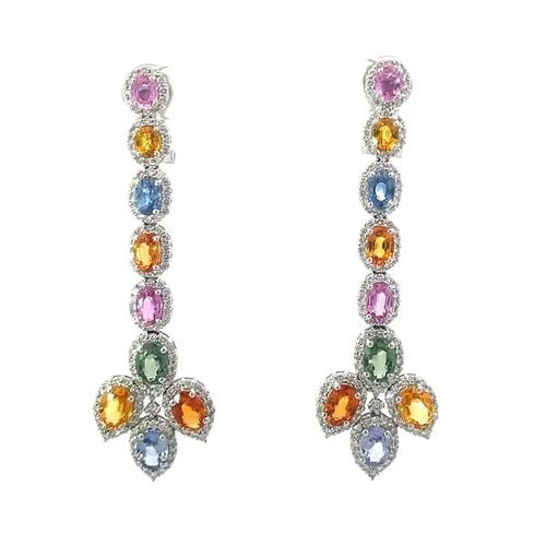 DIAMOND SAPPHIRE GOLD EARRINGS 18K WHITE FLORAL COLOR LONG DANGLE STYLE 16CT (1 of 2)