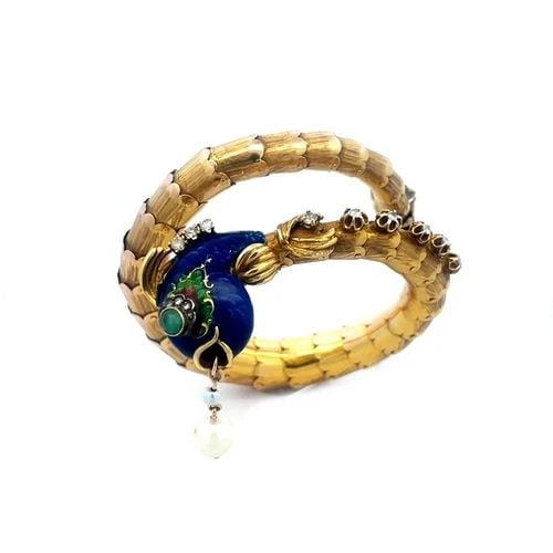 DIAMOND GOLD FISH WRAP BRACELET FISH ENAMEL & GEMS 14K YELLOW SCALE BAND: This amazing style bracelet features a long wrap scale design bracelet, it is crafted from 14k yellow gold with one end showing off a fish with blue enamel gemstone eye with diamond halo and a pearl d