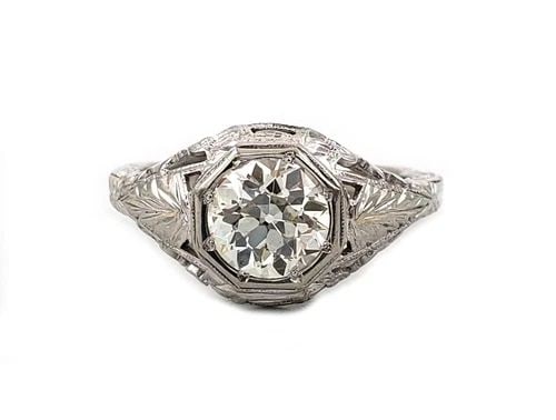 ART DECO SOLITAIRE RING 1CT EUROPEAN CUT DIAMOND 14K WHITE GOLD FILIGREE: ART DECO SOLITAIRE RING 1CT EUROPEAN CUT DIAMOND 14K WHITE GOLD FILIGREE Art Deco 1ct European Cut Diamond 14k White Gold Filigree Ring Description This is a gorgeous Art Deco diamond ring, it is craf