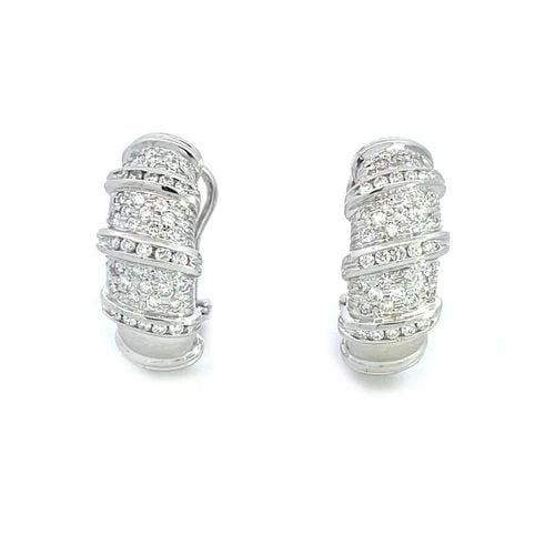 ROBERTO COIN DIAMOND 18K WHITE GOLD 1.5CT WRAPPED STYLE HOOP EARRINGS: ROBERTO COIN DIAMOND 18K WHITE GOLD 1.5CT WRAPPED STYLE HOOP EARRINGS Elegant and authentic by Roberto Coin, this lovely pair of earrings are crafted from 18k white gold with a polished finish featuri